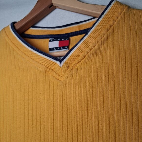 Vintage 1990s Tommy Jeans Shirt Men L Ribbed Knit Gold Long Sleeve V Neck - Picture 9 of 9